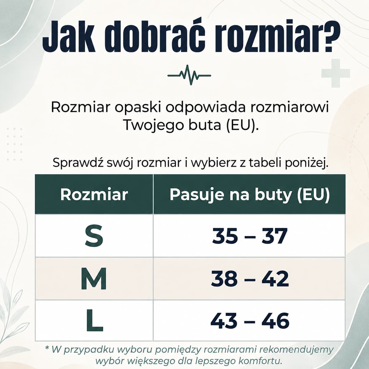 Tabela rozmiarów opasek na kostkę - rozmiary S, M, L